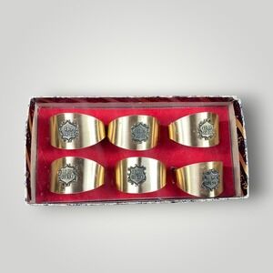 1970s Brass Tone Napkin Rings Be My Guest Set 6 Gold Tone Holders Boxed Vintage